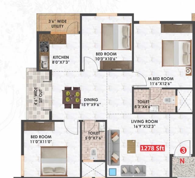 Habulus Sai Elite Apartment - 3 BHK Floor Plan