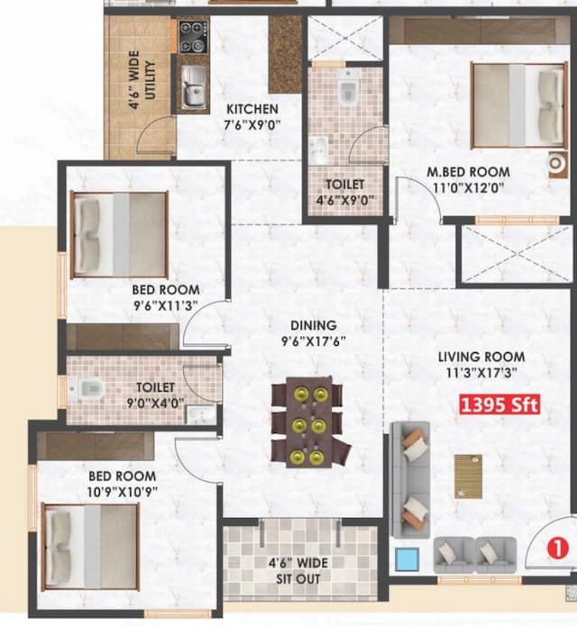 Habulus Sai Elite Apartment - 3 BHK Floor Plan