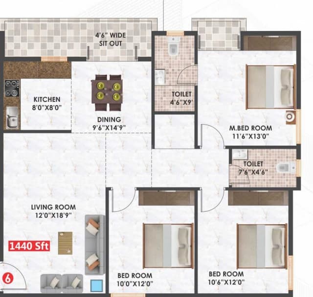 Habulus Sai Elite Apartment - 3 BHK Floor Plan