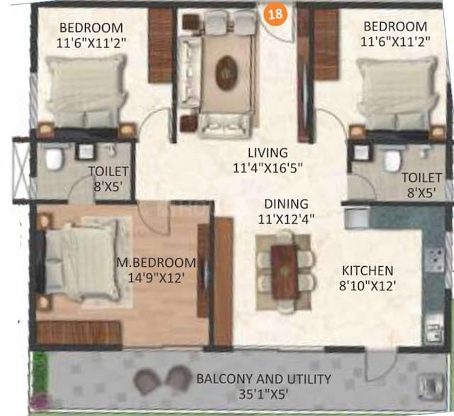 Infinity Green Woods - 3 BHK Floor Plan