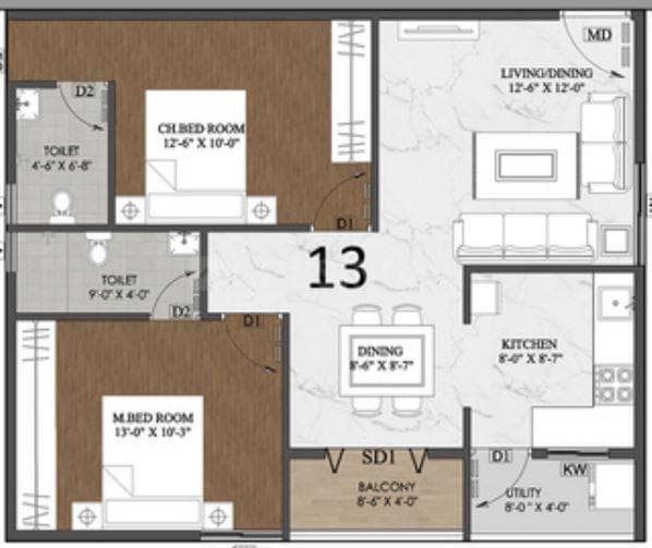 Jai Fortune Square - 2 BHK Floor Plan