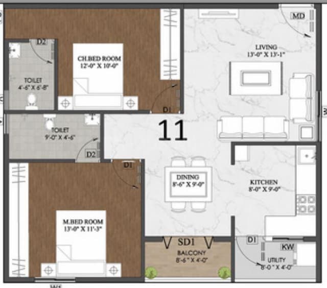 Jai Fortune Square - 2 BHK Floor Plan