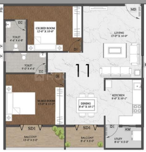 Jai Fortune Square - 2 BHK Floor Plan