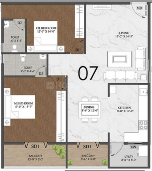 Jai Fortune Square - 2 BHK Floor Plan