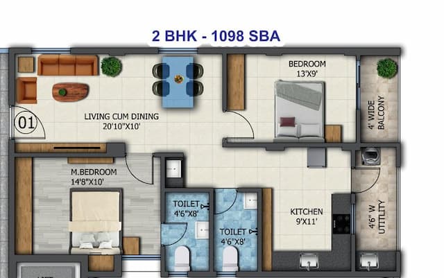 K R Sunrise - 2 BHK Floor Plan