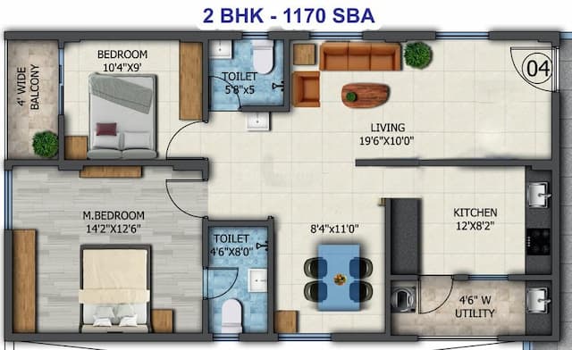 K R Sunrise - 2 BHK Floor Plan