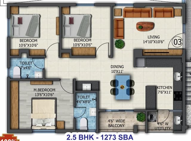 K R Sunrise - 2.5 BHK Floor Plan
