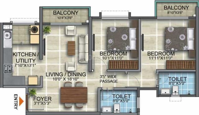 Kumar Prospera - 2 BHK Floor Plan