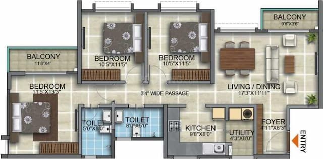 Kumar Prospera - 3 BHK Floor Plan
