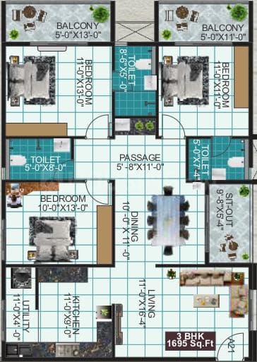 LVS Paradise - 3 BHK Floor Plan