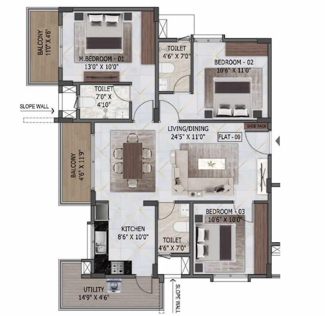 MSR Passion Square - 3 BHK Floor Plan