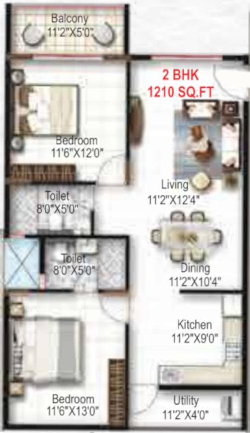 Mukunda Nandanam - 2 BHK Floor Plan