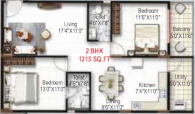Mukunda Nandanam - 2 BHK Floor Plan