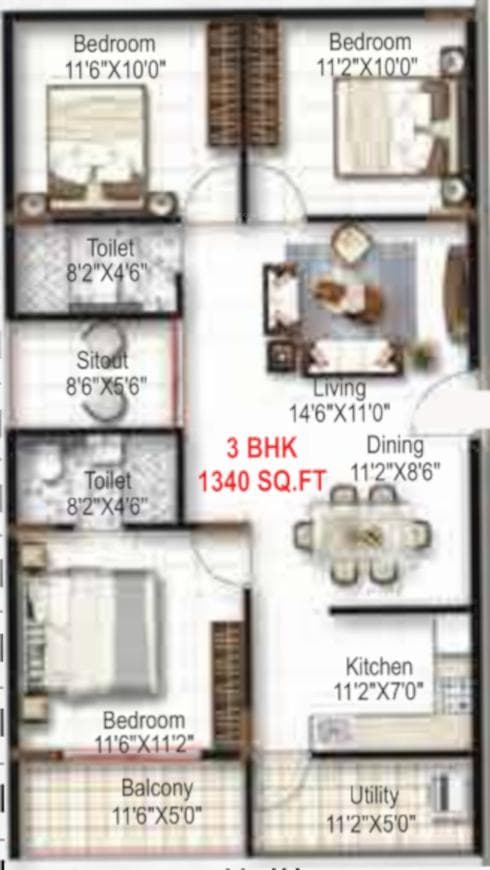 Mukunda Nandanam - 3 BHK Floor Plan