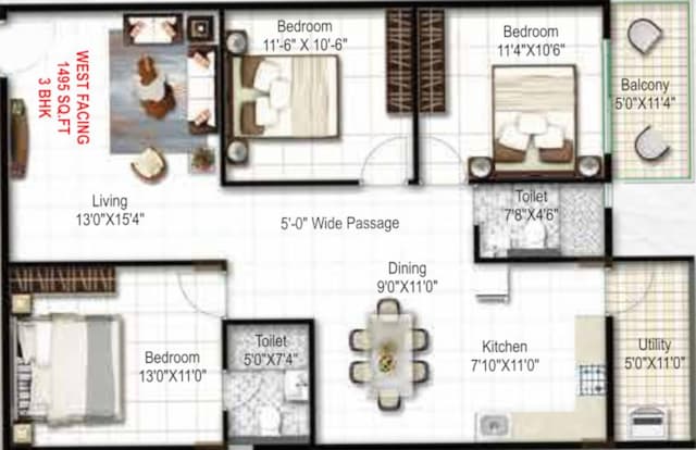 Mukunda Nandanam - 3 BHK Floor Plan