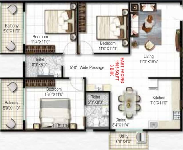 Mukunda Nandanam - 3 BHK Floor Plan