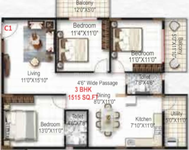 Mukunda Nandanam - 3 BHK Floor Plan