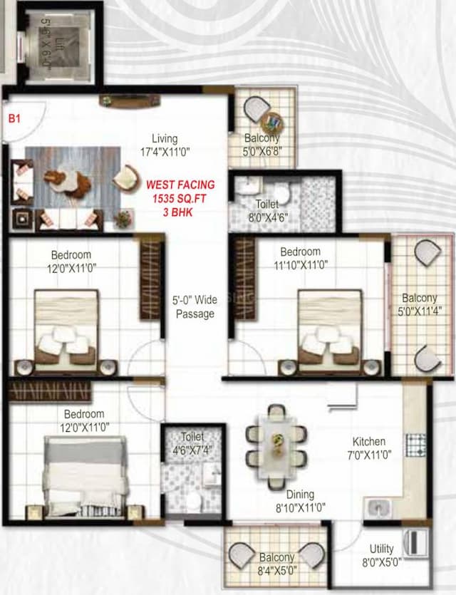 Mukunda Nandanam - 3 BHK Floor Plan