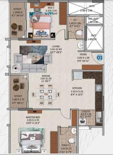 Oceanus White Meadows - 2 BHK Floor Plan