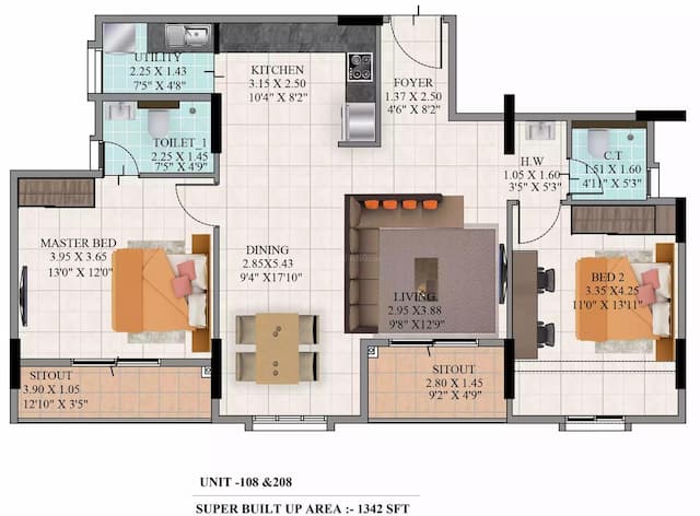 Oceanus White Meadows - 2 BHK Floor Plan