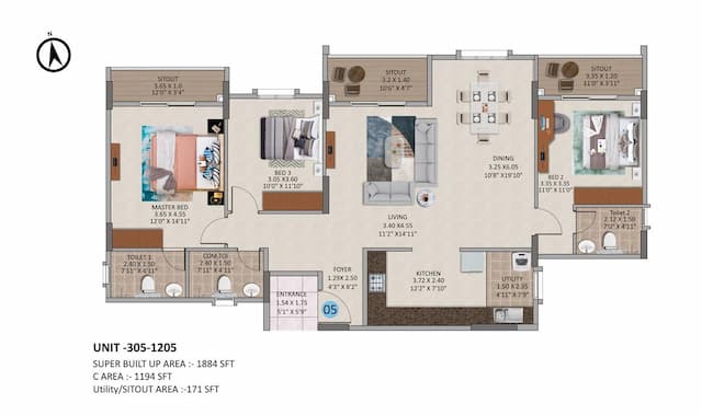 Oceanus White Meadows - 3 BHK Floor Plan