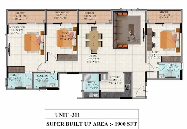 Oceanus White Meadows - 3 BHK Floor Plan