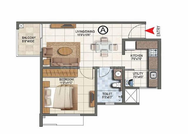 Prestige Sun Crest - 1 BHK Floor Plan