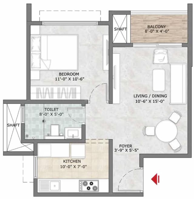 Prestige Sun Crest - 1 BHK Floor Plan