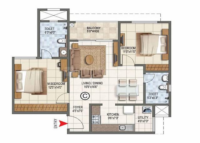 Prestige Sun Crest - 2 BHK Floor Plan