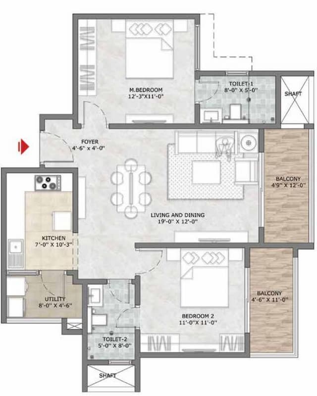 Prestige Sun Crest - 2 BHK Floor Plan