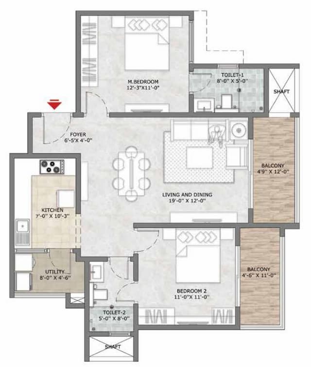 Prestige Sun Crest - 2 BHK Floor Plan