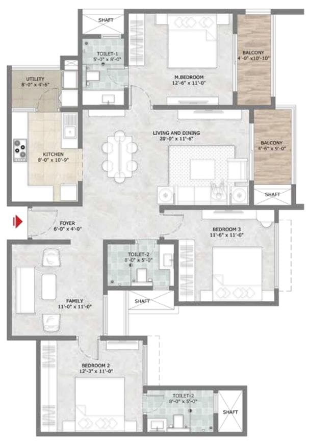 Prestige Sun Crest - 3 BHK Floor Plan