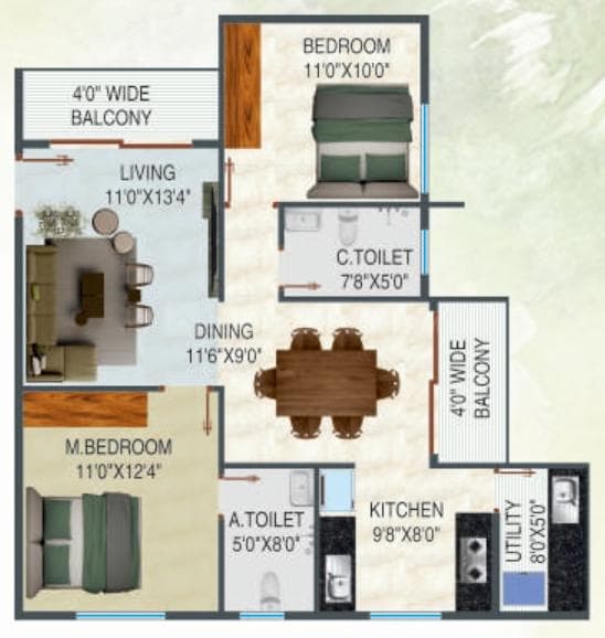 Pursuit Of Happiness - 2 BHK Floor Plan