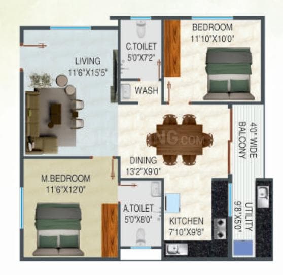 Pursuit Of Happiness - 2 BHK Floor Plan
