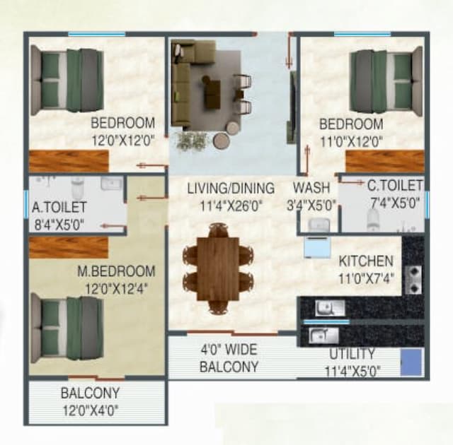 Pursuit Of Happiness - 3 BHK Floor Plan