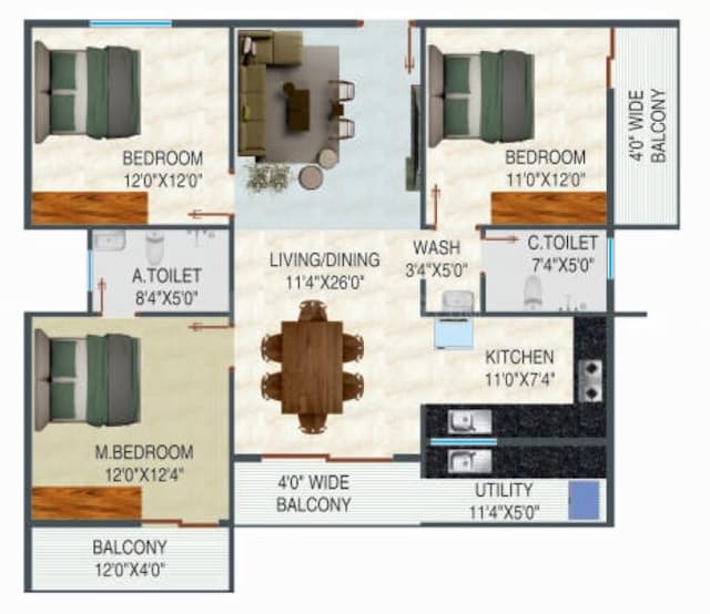 Pursuit Of Happiness - 3 BHK Floor Plan