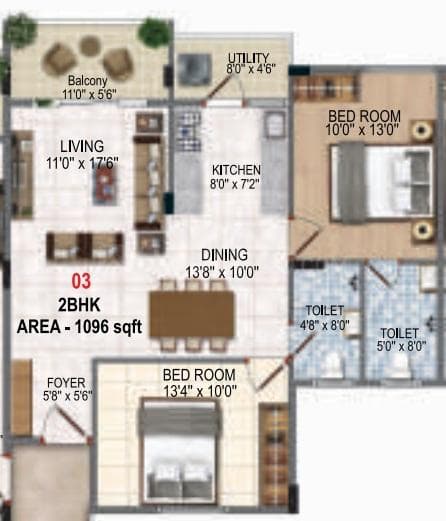 Raki Amaryllis - 2 BHK Floor Plan