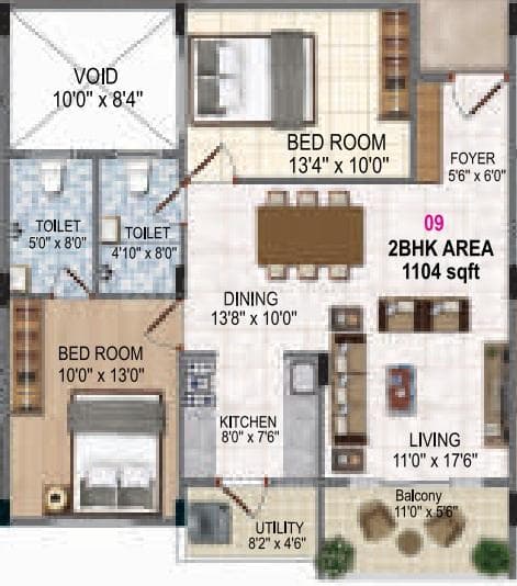Raki Amaryllis - 2 BHK Floor Plan
