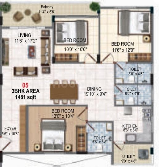 Raki Amaryllis - 3 BHK Floor Plan