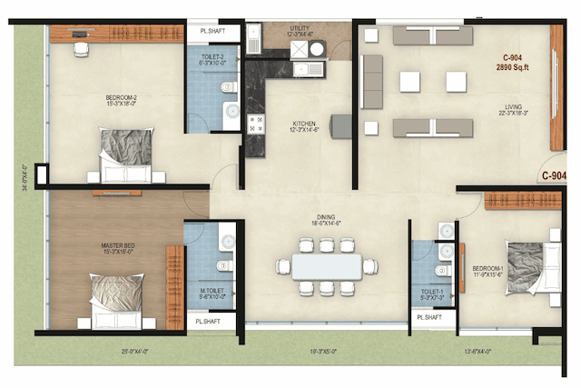 RG Orchids Gardenia - 3 BHK Floor Plan