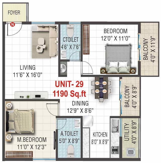 Sai Kiran Garden Square - 2 BHK Floor Plan