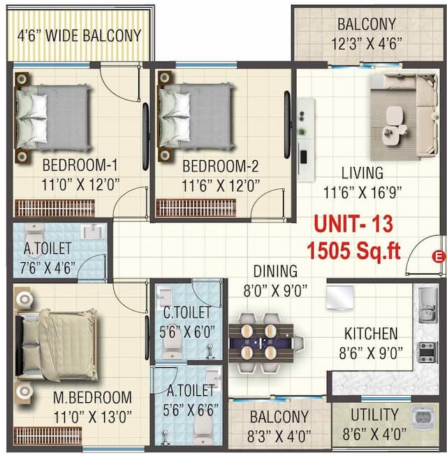Sai Kiran Garden Square - 3 BHK Floor Plan