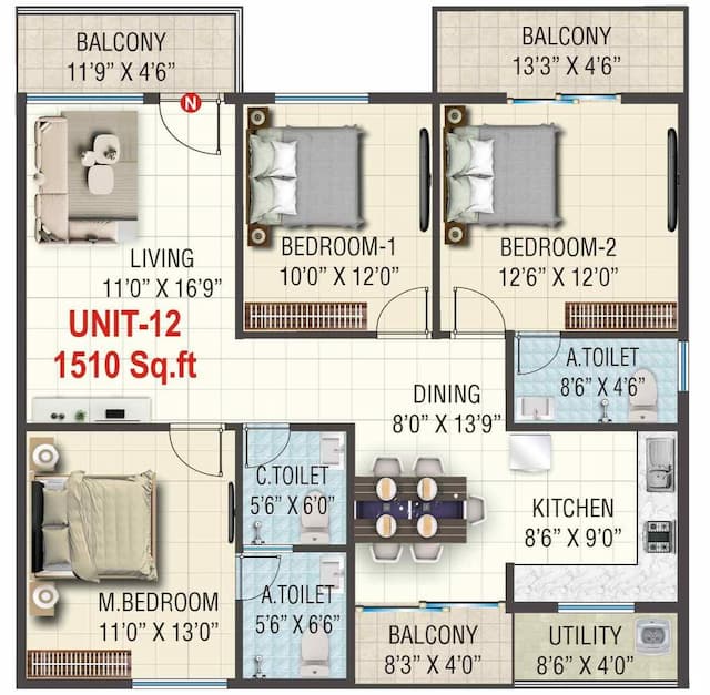 Sai Kiran Garden Square - 3 BHK Floor Plan
