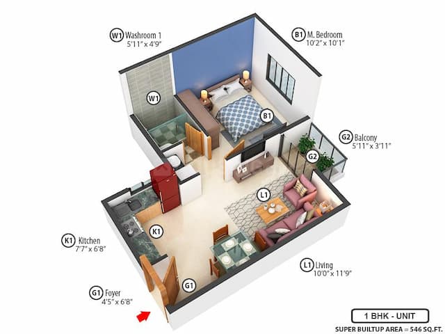 Sattva Bliss - 1.0 BHK Floor Plan