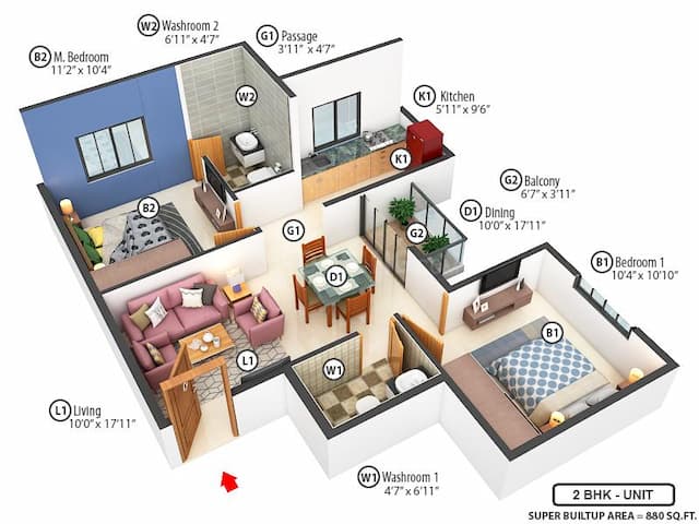 Sattva Bliss - 2.0 BHK Floor Plan