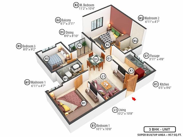 Sattva Bliss - 3.0 BHK Floor Plan