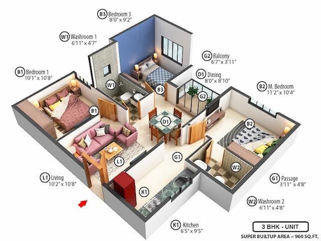Sattva Bliss - 3.0 BHK Floor Plan