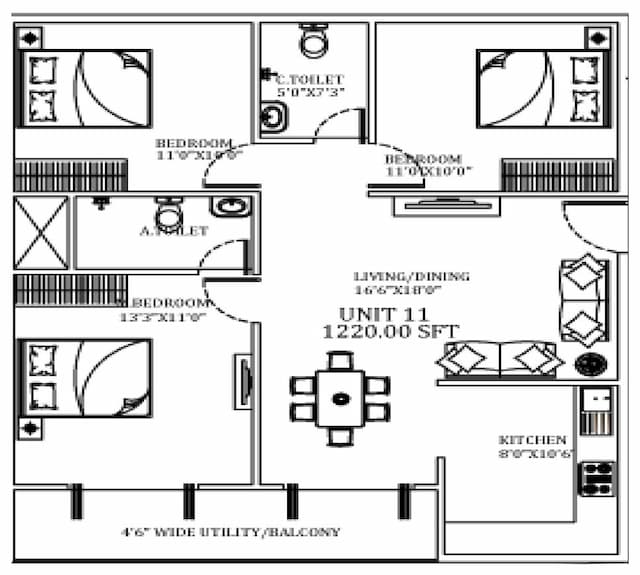 Seven Hills - 2 BHK Floor Plan