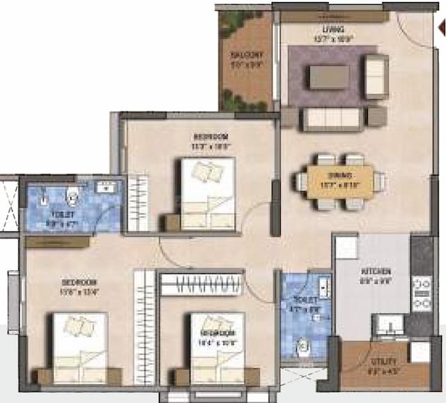 SGR G R Floret - 3 BHK Floor Plan