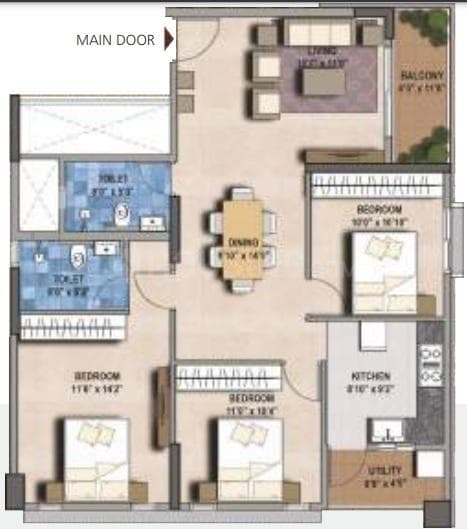 SGR G R Floret - 3 BHK Floor Plan